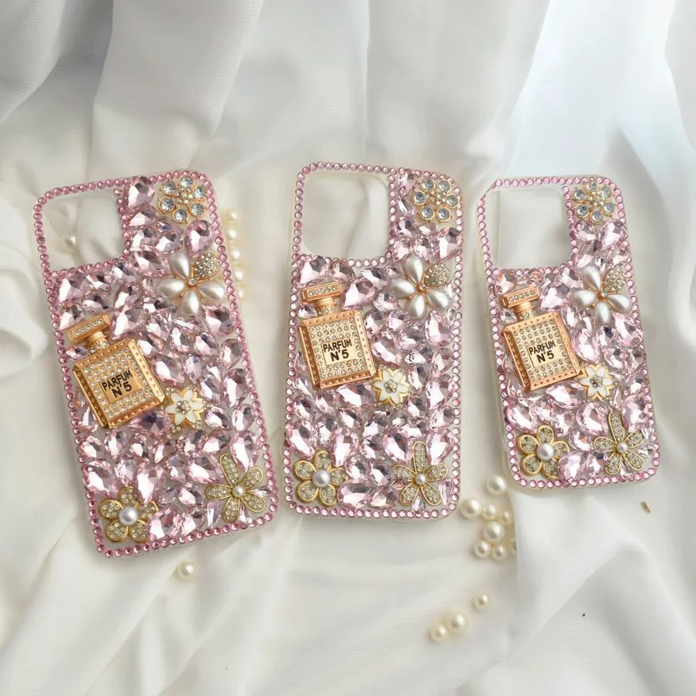 Pink Crystal Encrusted  Silicone iPhone case with Perfume bottle - iPhone 13/14